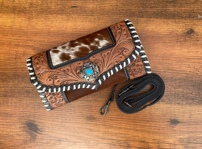 Cowhide Clutch Crossbody Bag With Tooled Leather