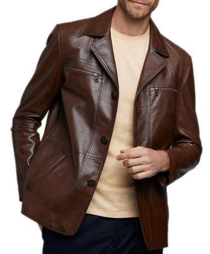 Lapel Collar Men's Leather Brown Jacket