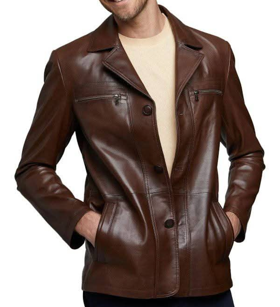 Lapel Collar Men's Leather Brown Jacket