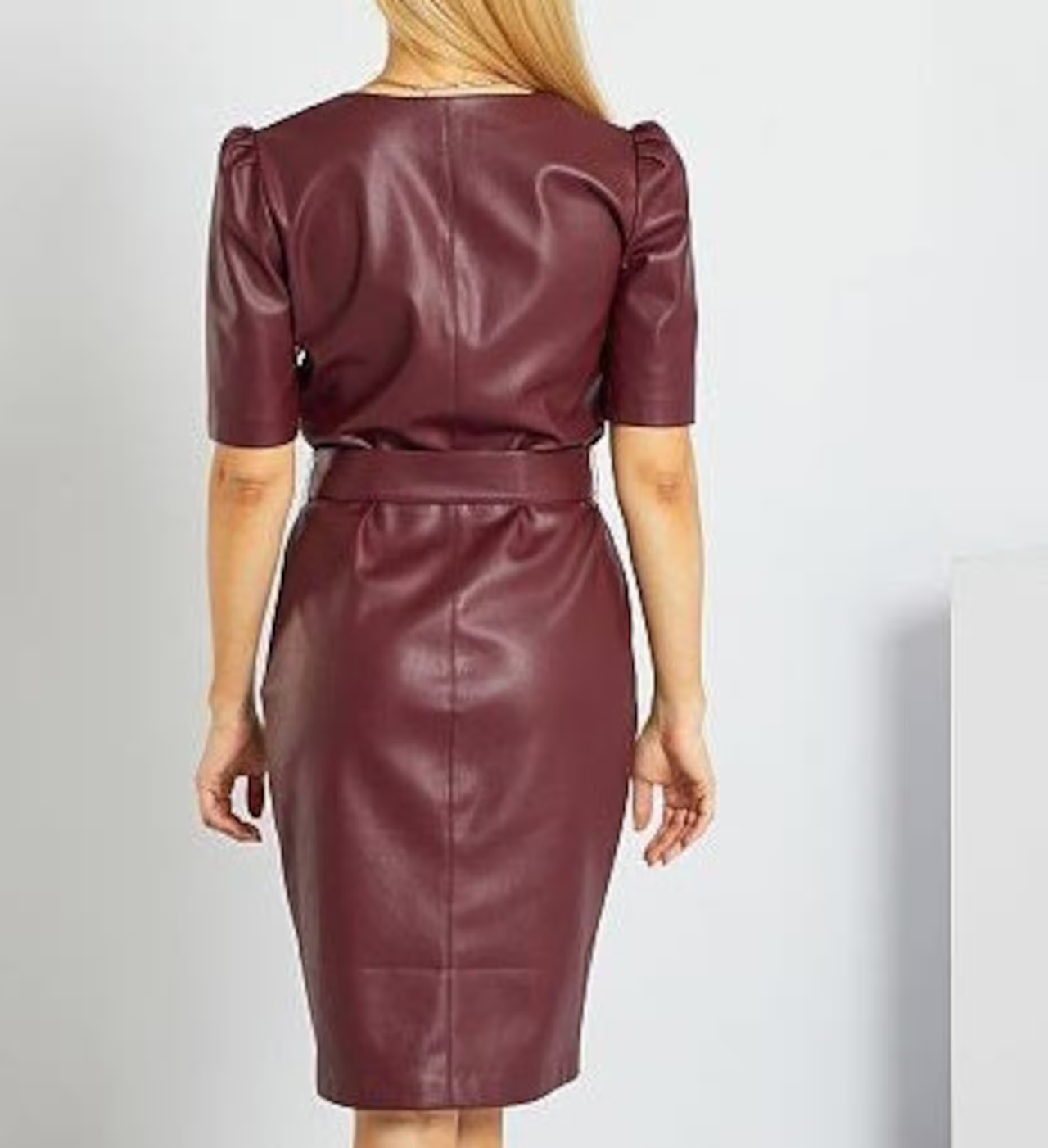 women v neck leather dress