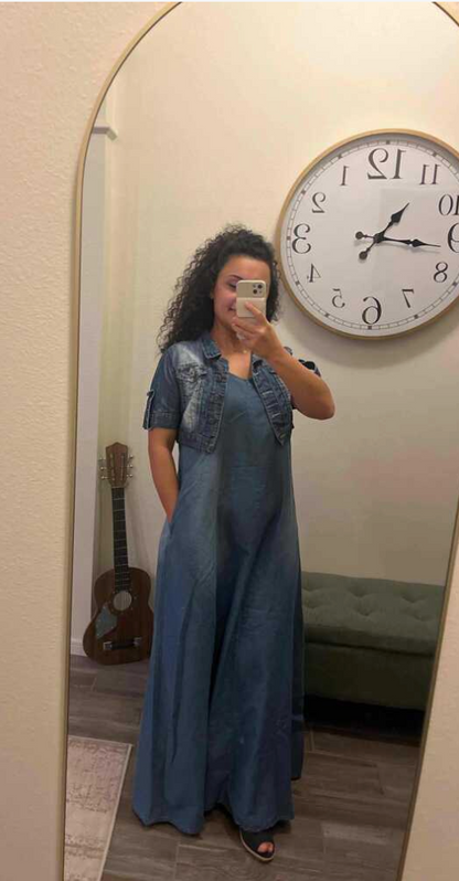 Denim Overall Dress With Pocket