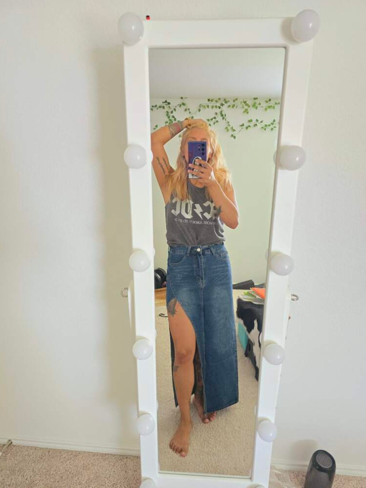 high slit denim long skirt