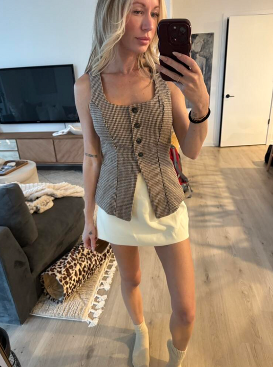 Plaid Khaki Sleeveless Tank Top Jacket