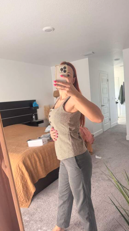 Plaid Khaki Sleeveless Tank Top Jacket