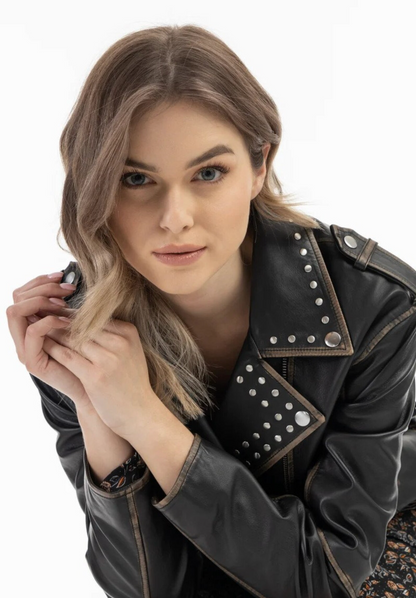 Black Studded Leather Biker Jacket Women