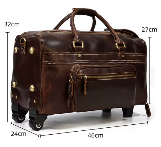 Full Grain Leather Overnight Trolley Duffle Bag with Wheels