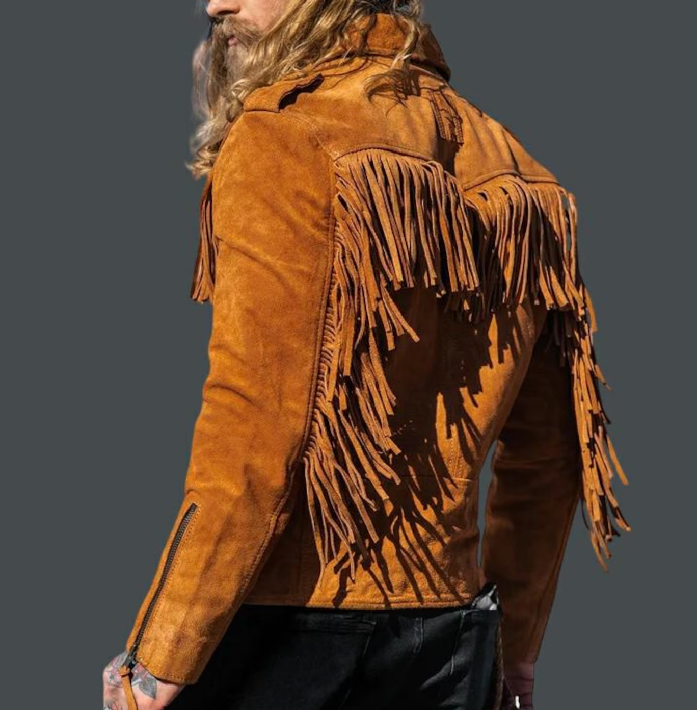 Men's Tan Suede Fringe Biker Jacket