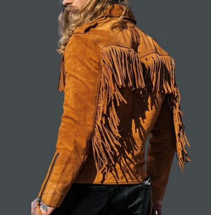 Men's Tan Suede Fringe Biker Jacket