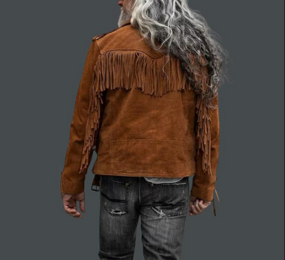Men's Tan Suede Fringe Biker Jacket