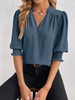 Smocked Cuff Puff Sleeve V-Neck Blouse