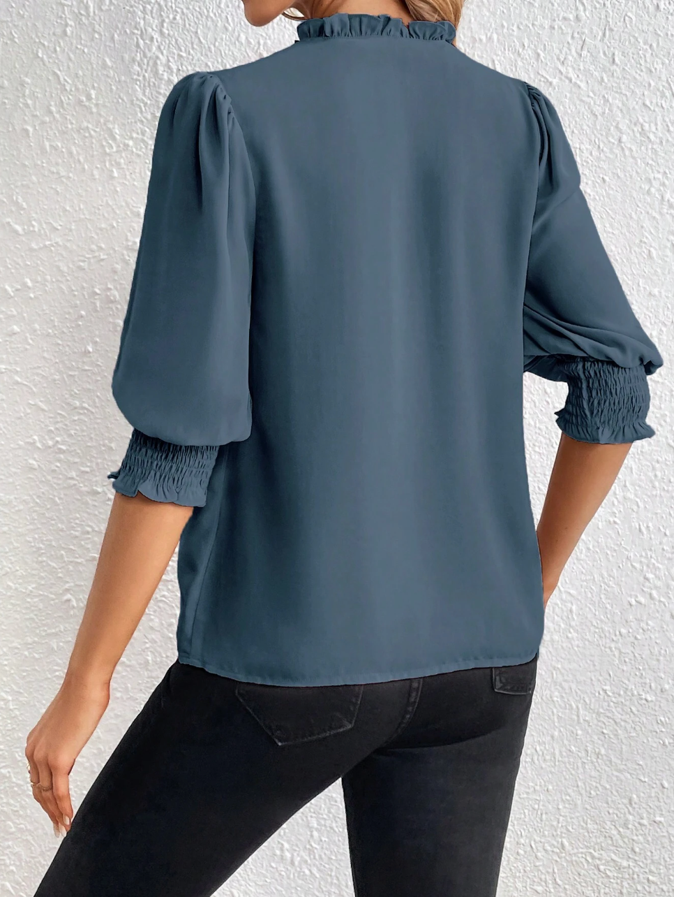 Smocked Cuff Puff Sleeve V-Neck Blouse