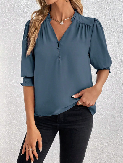 Smocked Cuff Puff Sleeve V-Neck Blouse