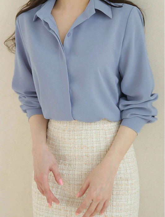 Soft Blue Button-Up Shirt Collared Blouse