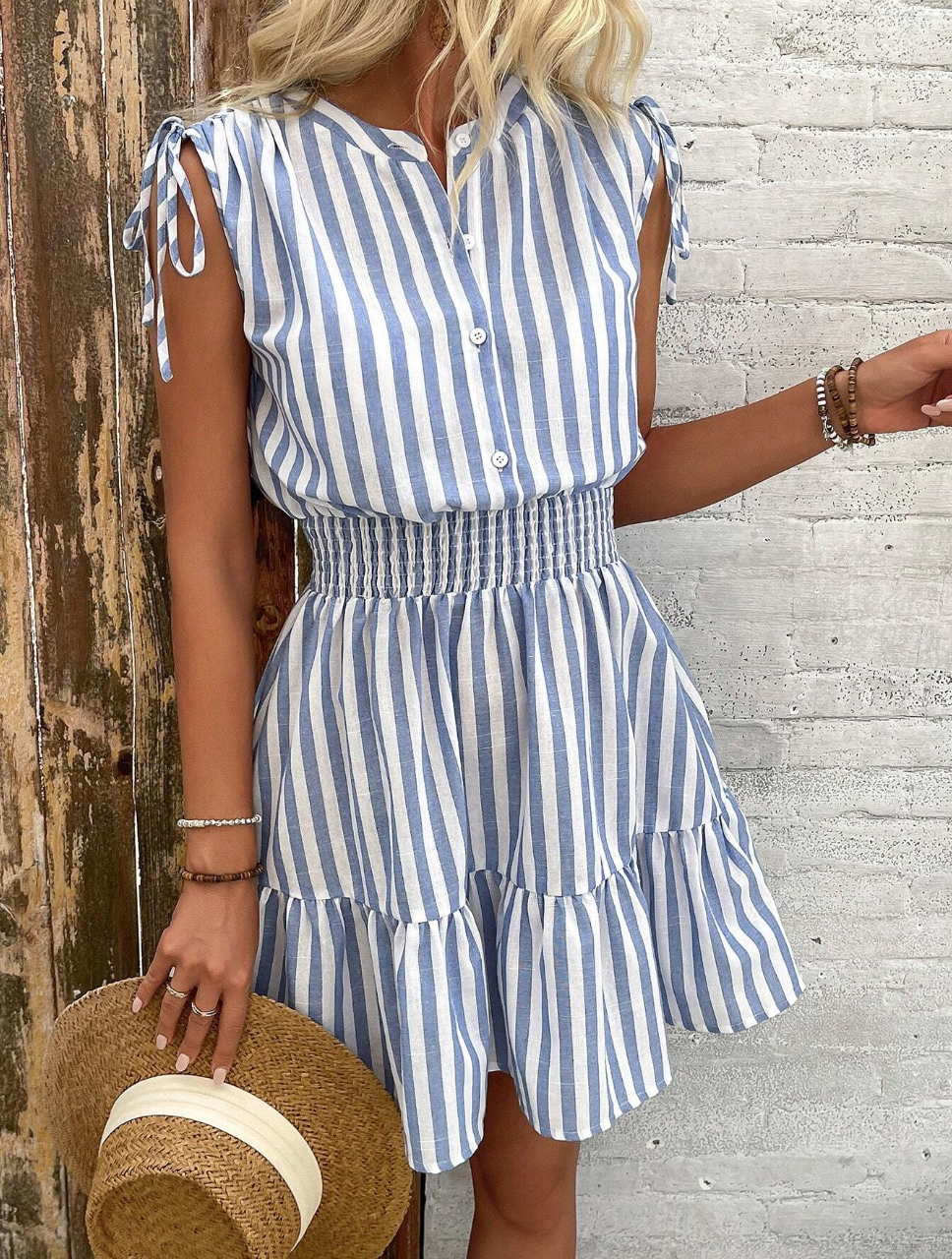 Blue and White Striped Sleeveless Summer Dress
