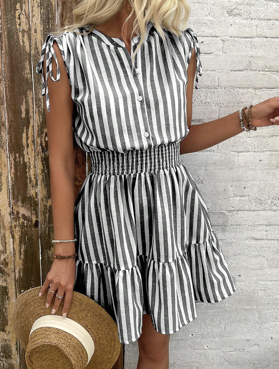 Blue and White Striped Sleeveless Summer Dress