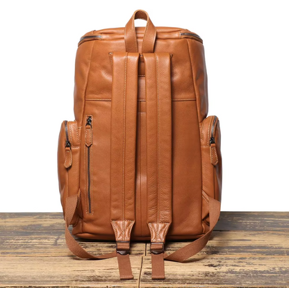 large leather backpack travel and hiking