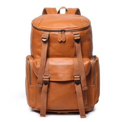 large leather backpack travel and hiking