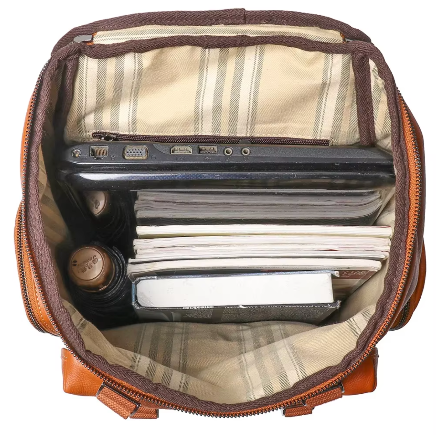 large leather backpack travel and hiking