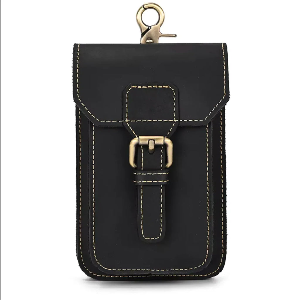 mens real leather hip waist bag Black
