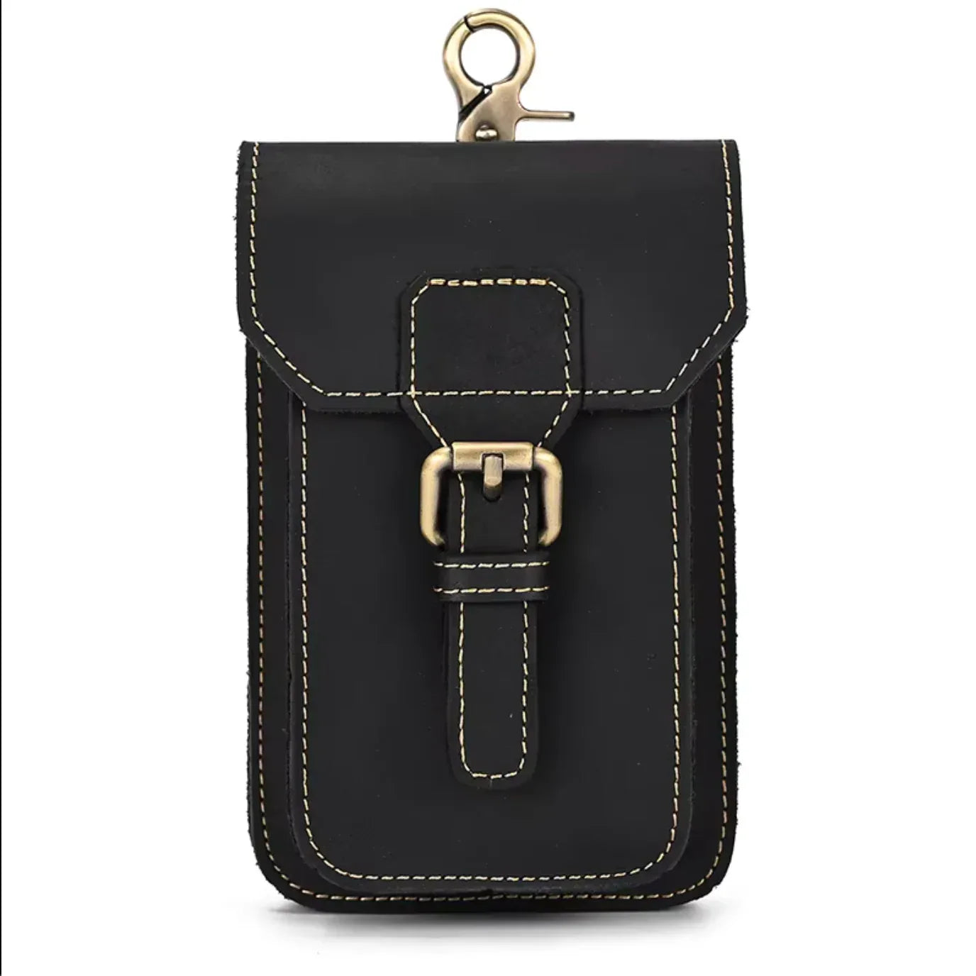 mens real leather hip waist bag Black
