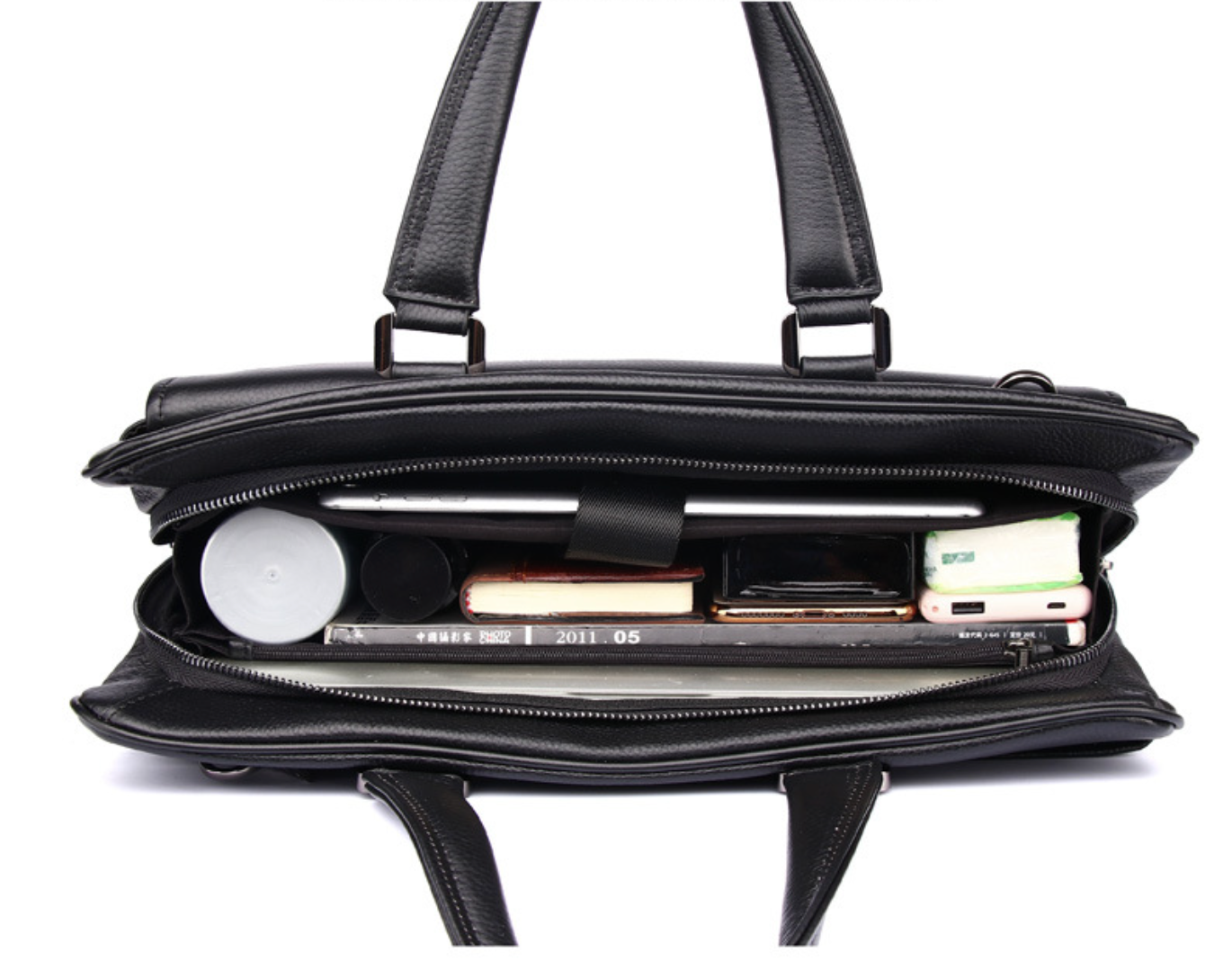Black Leather Messenger Briefcase Bag