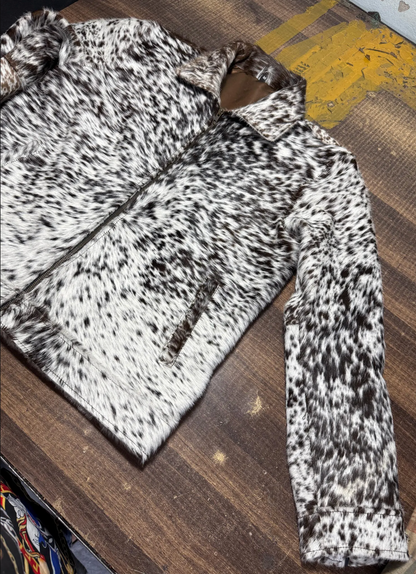 hair on cowhide jacket speckled black white