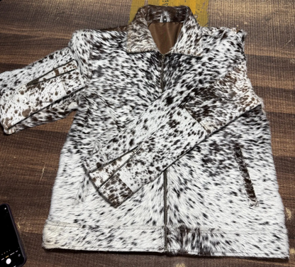 hair on cowhide jacket speckled black white