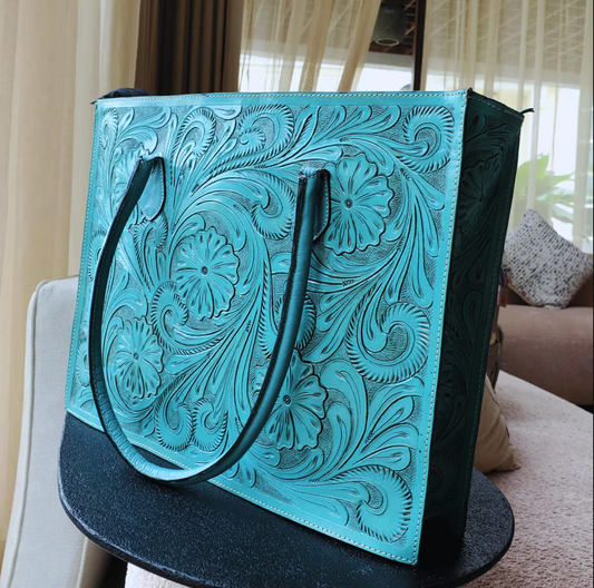 Turquoise hand tooled leather purse