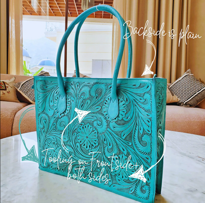 Turquoise hand tooled leather purse