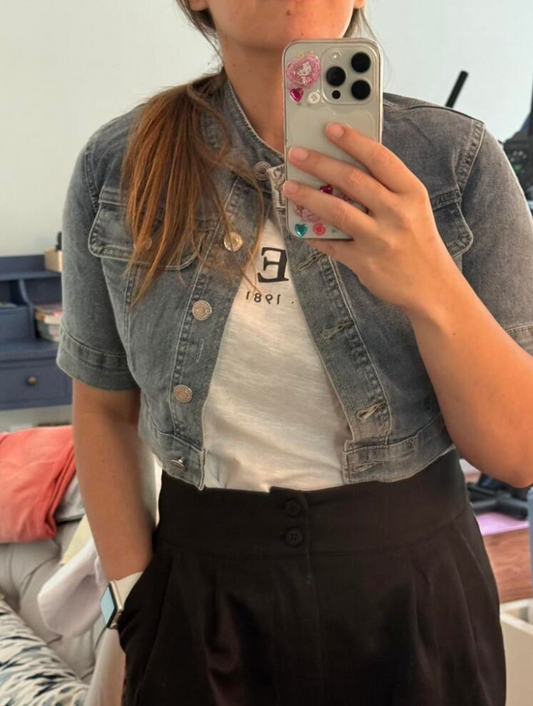 Stand Collar Cropped Denim Jacket