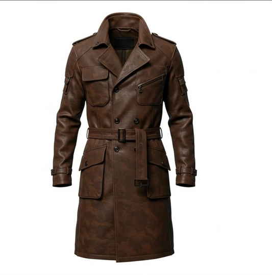 Men's Brown Leather Trench Coat Long Winter Jacket