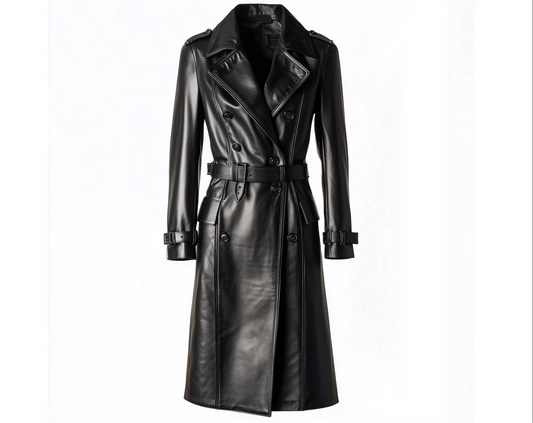 Women's Long Black Leather Trench Coat Belted Jacket