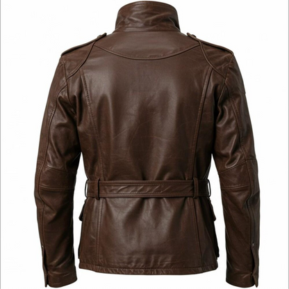 Men’s Genuine Leather Biker Jacket Brown With Belt