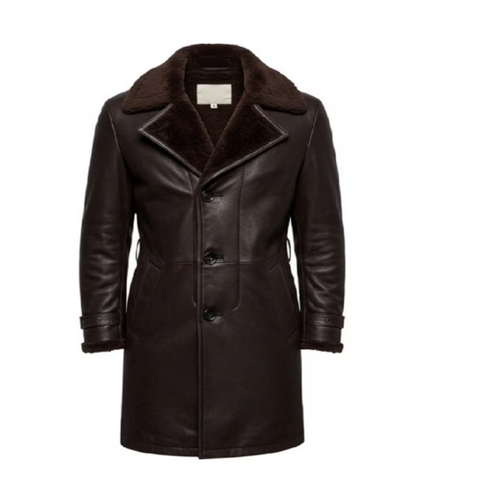 Men's Brown Leather Trench Coat with Fur Collar
