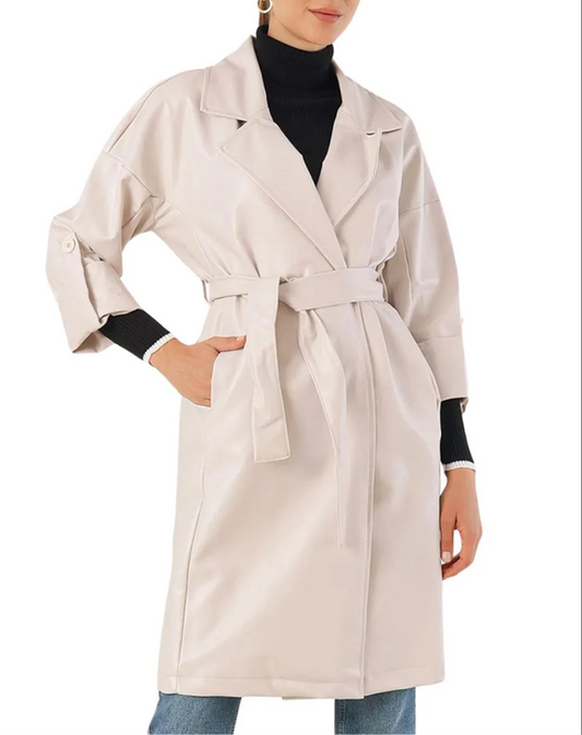 White Leather Trench Coat for Women Belted Longline