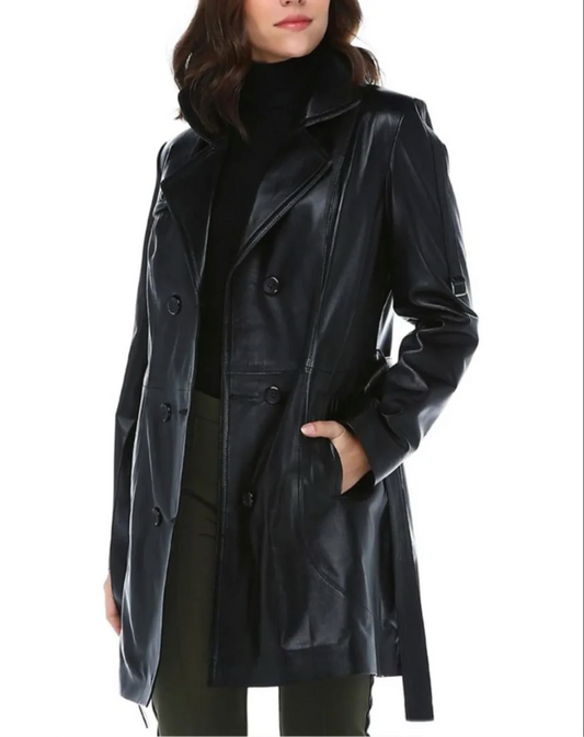 Black Leather Trench Coat Double Breasted And Long Belted