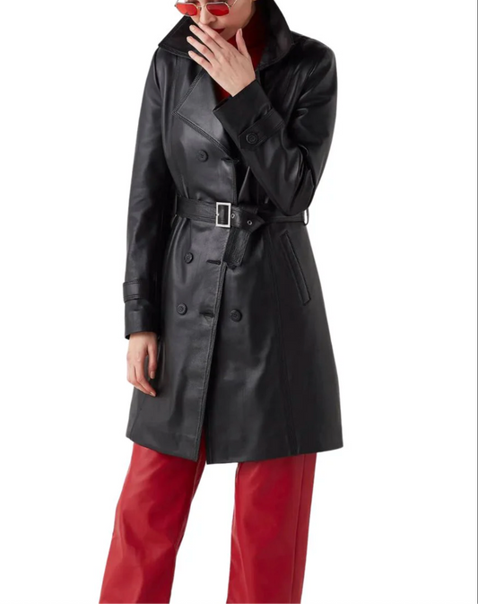 Black Leather 3/4 Trench Coat for Women