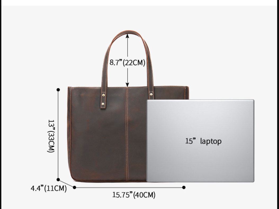 Brown Leather Tote Bag with Zipper for Men and Women