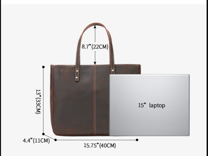 Brown Leather Tote Bag with Zipper for Men and Women