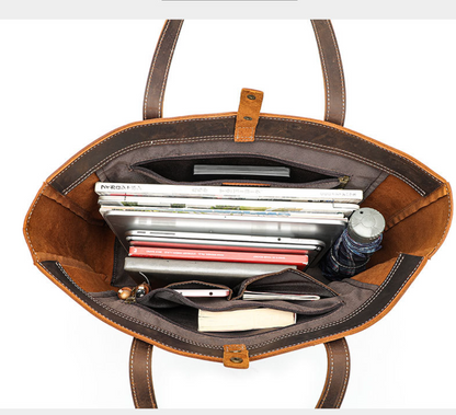 Brown Leather Tote Bag with Zipper for Men and Women