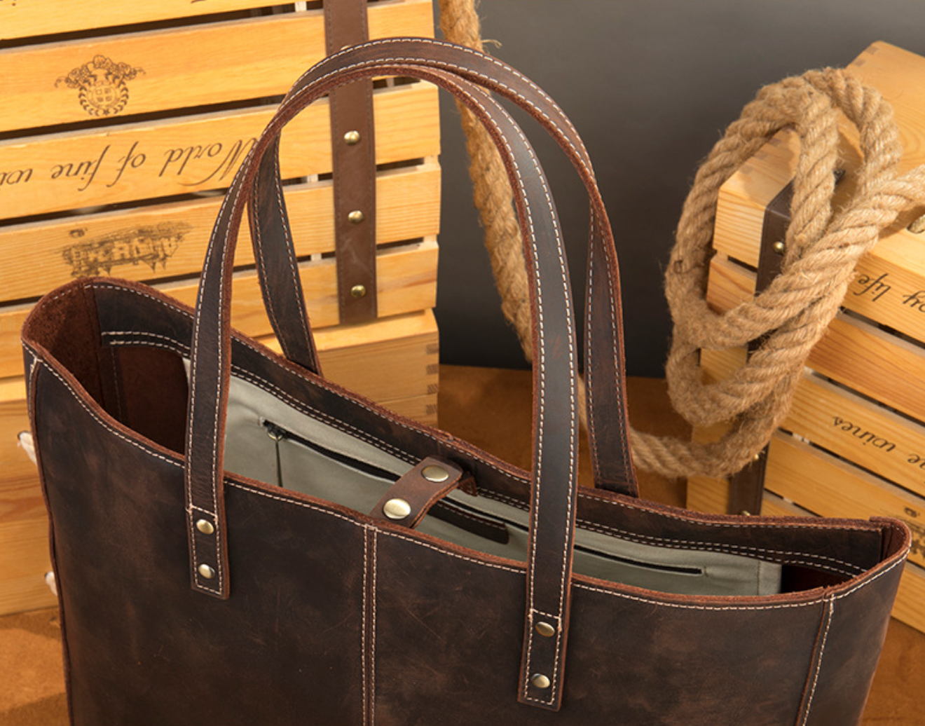 Brown Leather Tote Bag with Zipper for Men and Women