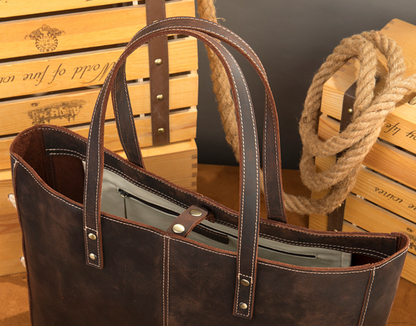 Brown Leather Tote Bag with Zipper for Men and Women