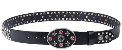 Black Leather Biker Belt with Rivets for Men and Women