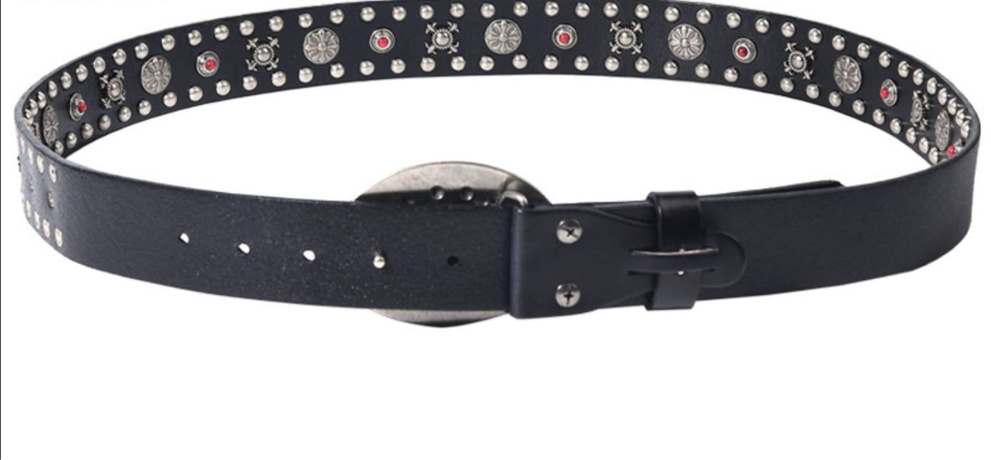 Black Leather Biker Belt with Rivets for Men and Women