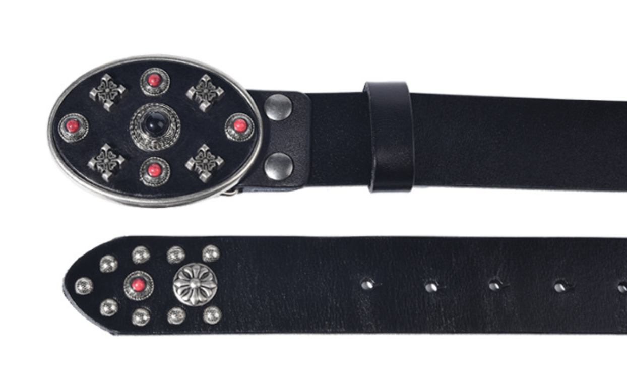 Black Leather Biker Belt with Rivets for Men and Women