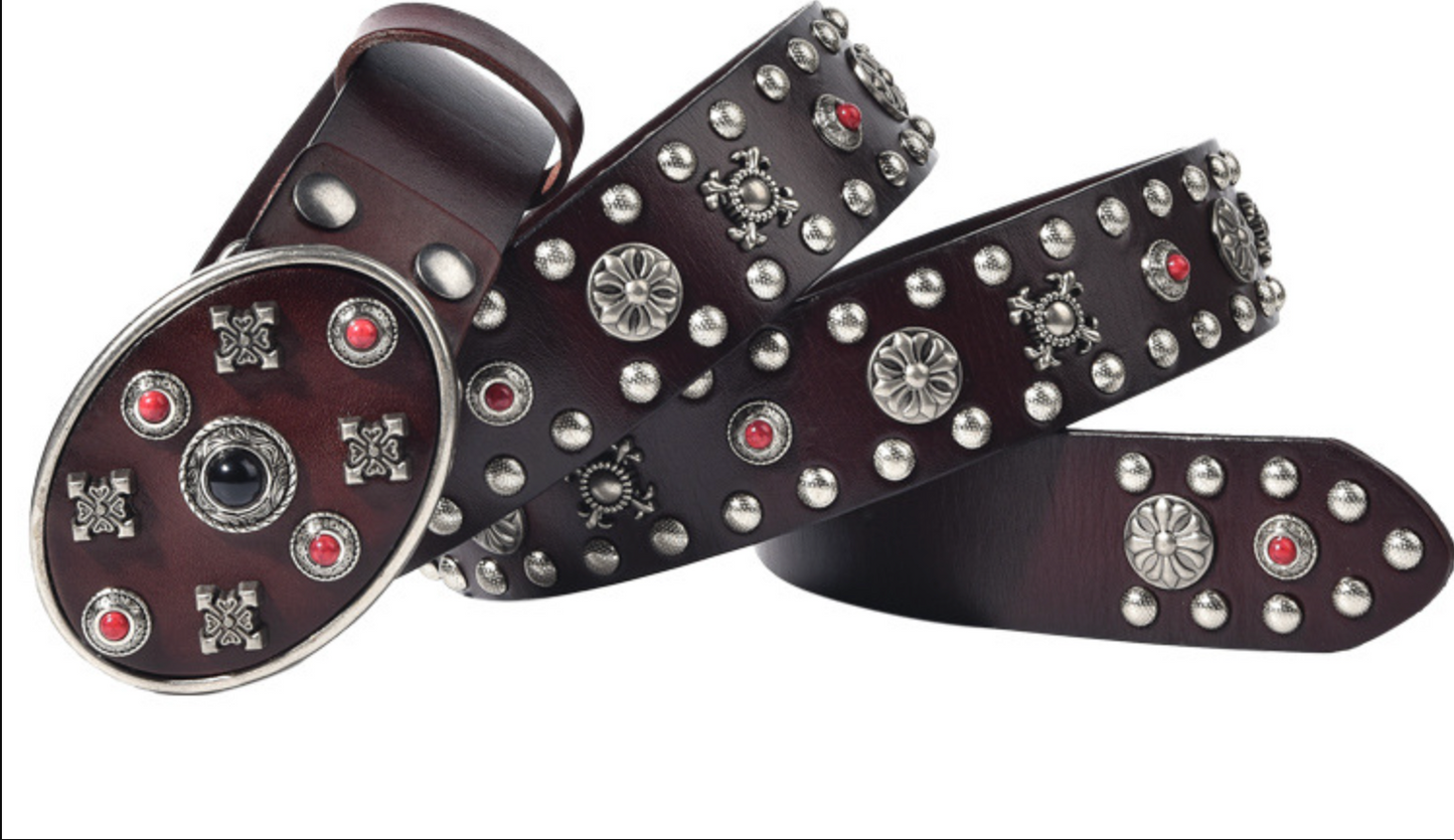 Black Leather Biker Belt with Rivets for Men and Women