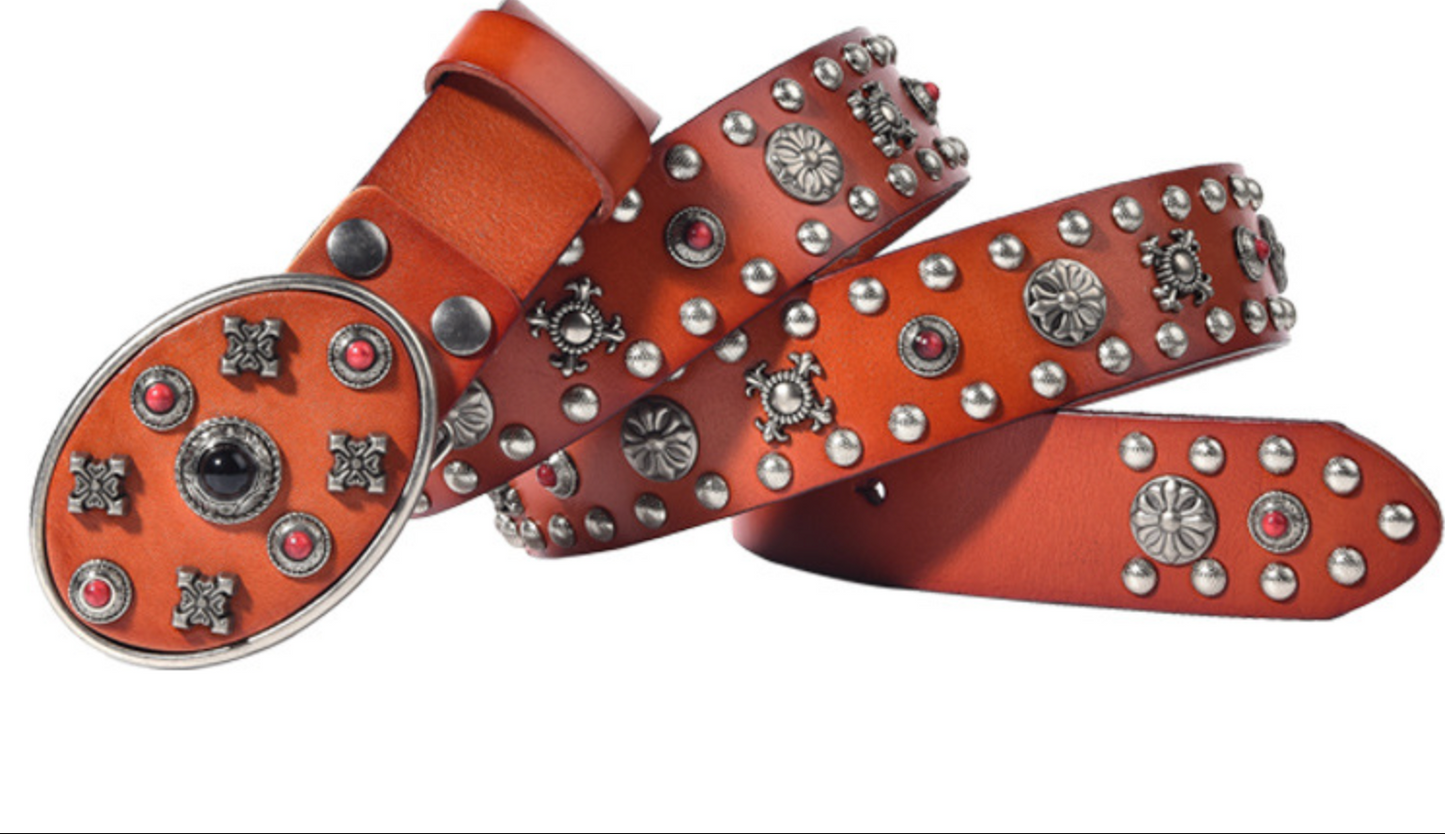 Black Leather Biker Belt with Rivets for Men and Women