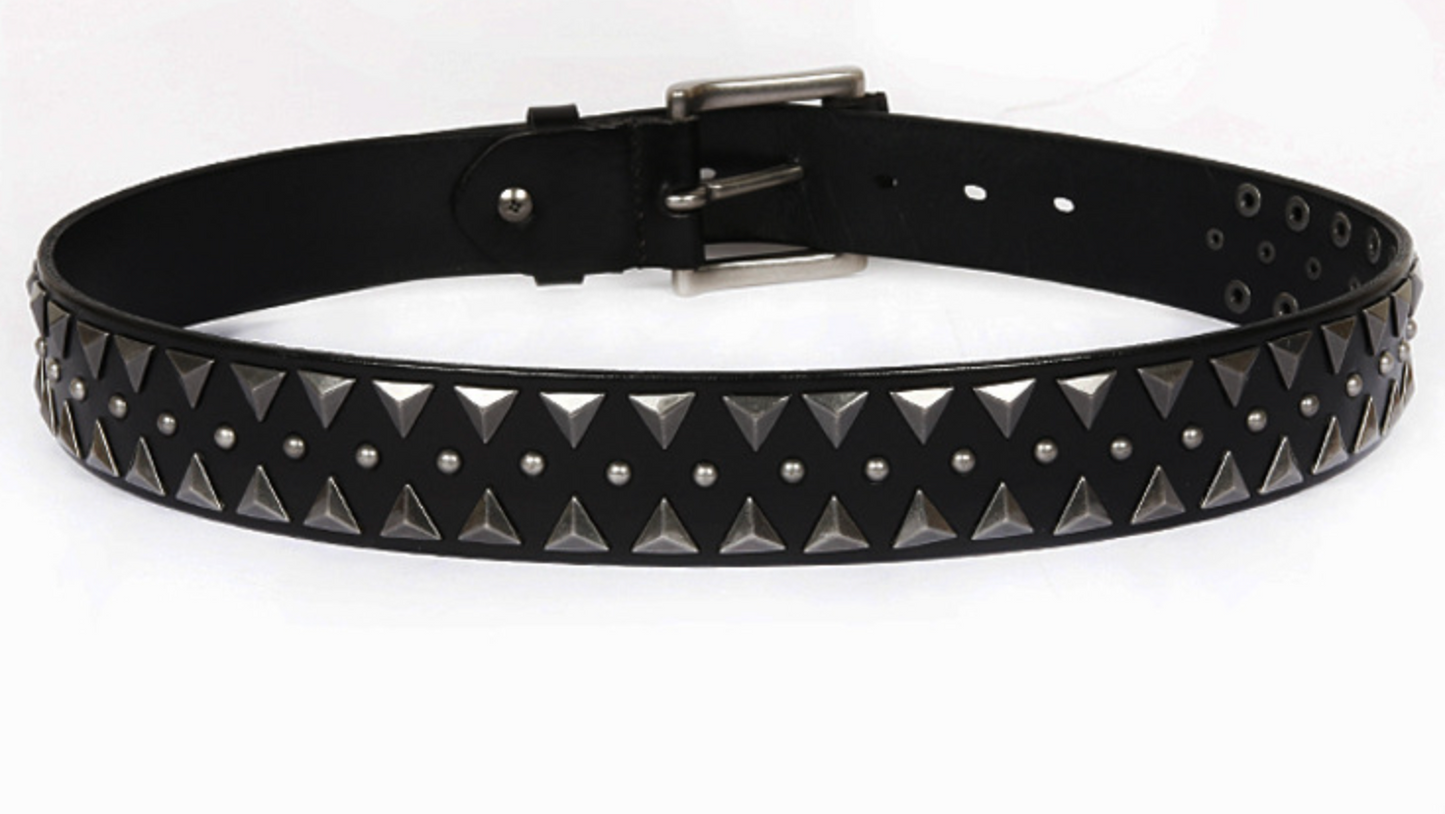 Black Genuine Leather Punk Belt with Rivets