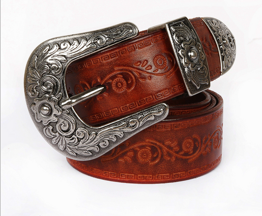 Embossed Genuine Leather Western Belt with Antique Buckle