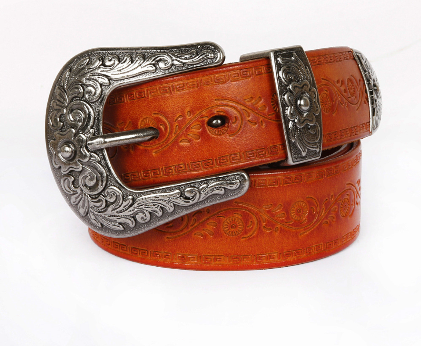 Embossed Genuine Leather Western Belt with Antique Buckle